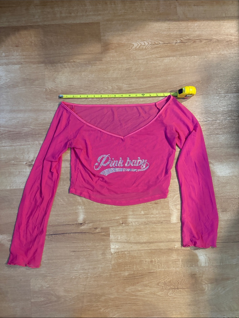 Y2K Bedazzled sheer Pink Baby Long Sleeve V-Neck Top